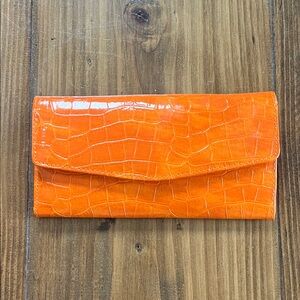 Orange Croc Embossed Patent Leather Clutch Wallet Organizer Snap Closure